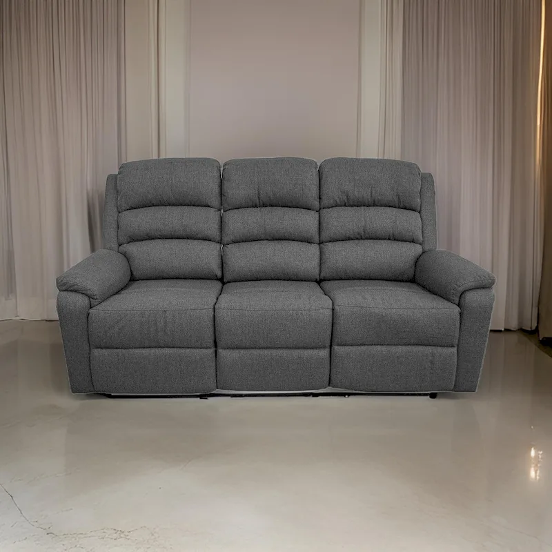 74-Inch Manual Recliner Sofa, 3-Seater with Gray Burlap Upholstery, Tufted Headrest, Solid Wood Frame