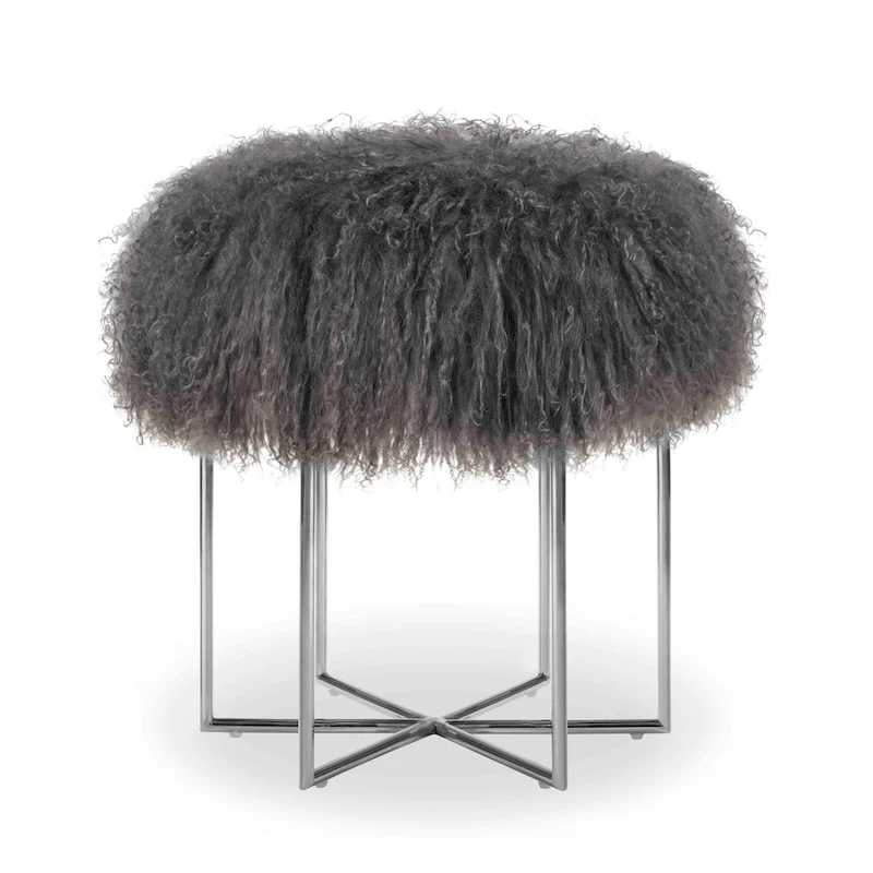 Bailey Real Sheepskin Mongolian/ Stainless Steel Ottoman