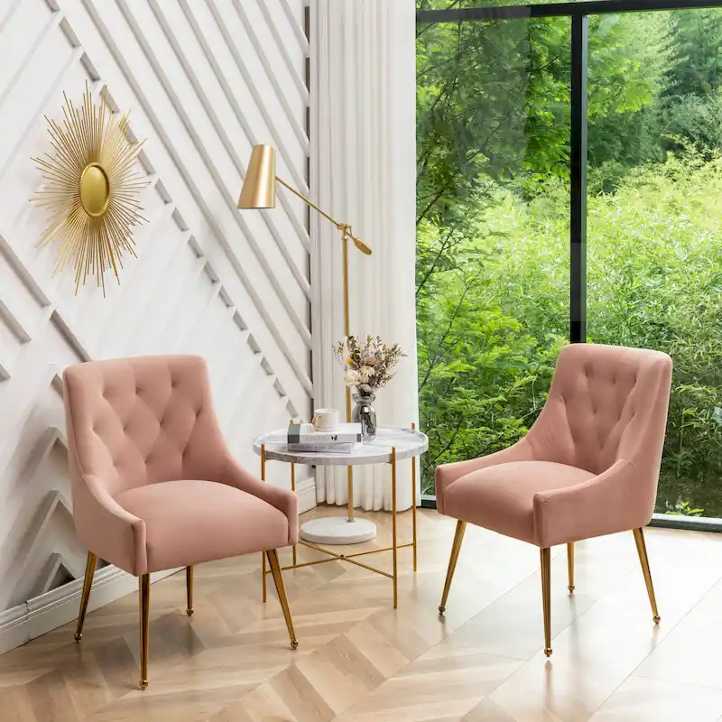SEYNAR Modern Boucle Velvet Upholstered Accent Dining Chair Set of 2 Tufted Back Armless Chair with Golden Legs