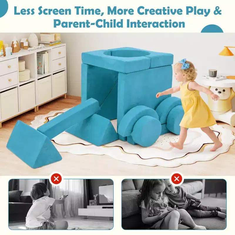 Costway 14 PCS Modular Kids Play Couch Child Sectional Sofa Toddler Soft Playset Blue/Gray/Yellow