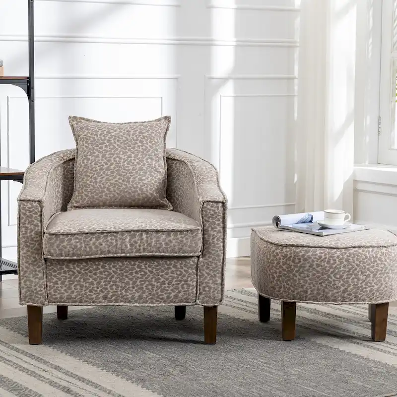 Linen/Polyester Upholstered Mid Century Barrel Chair with Ottoman