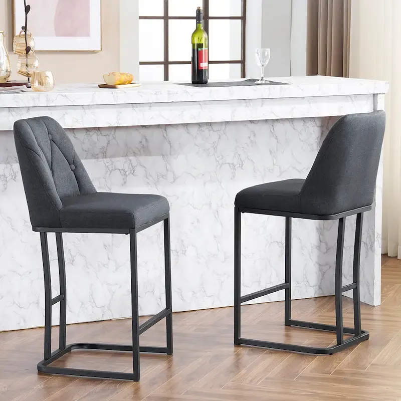 Upholstered Bar Stools Set of 2, Counter Height Bar Stools with Button-Tufted Backrest, Kitchen Island Chairs with Metal Frame