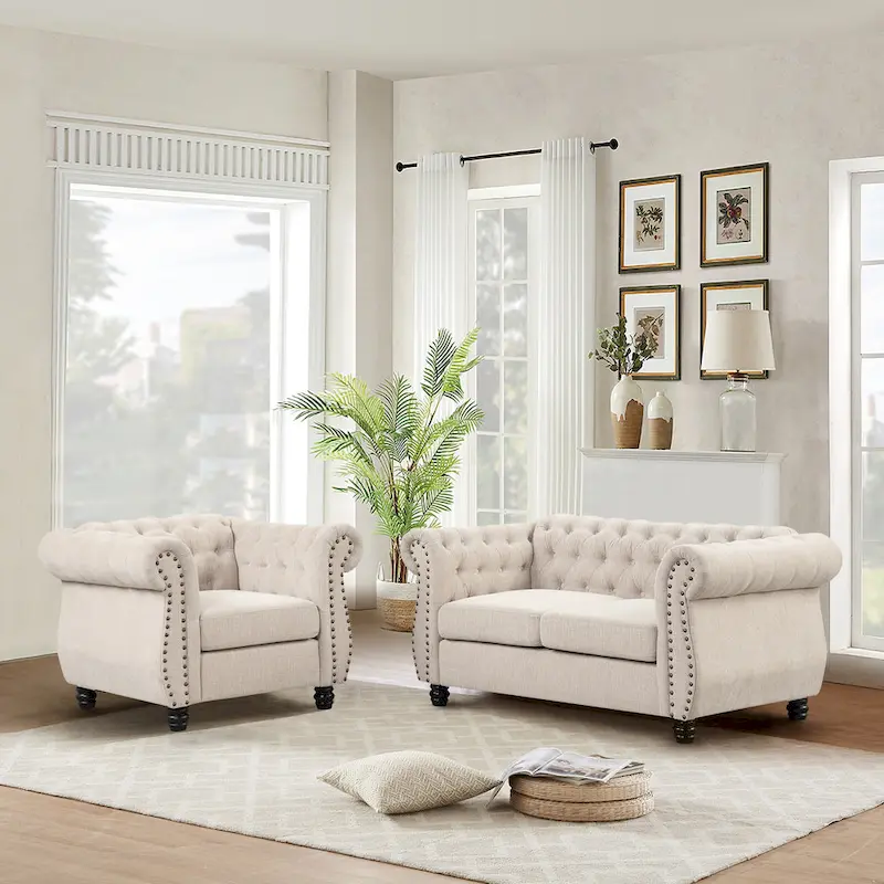 Morden Fort Chair, Loveseat 2-pcs Set Tufted Upholstered Chesterfield Furniture Set