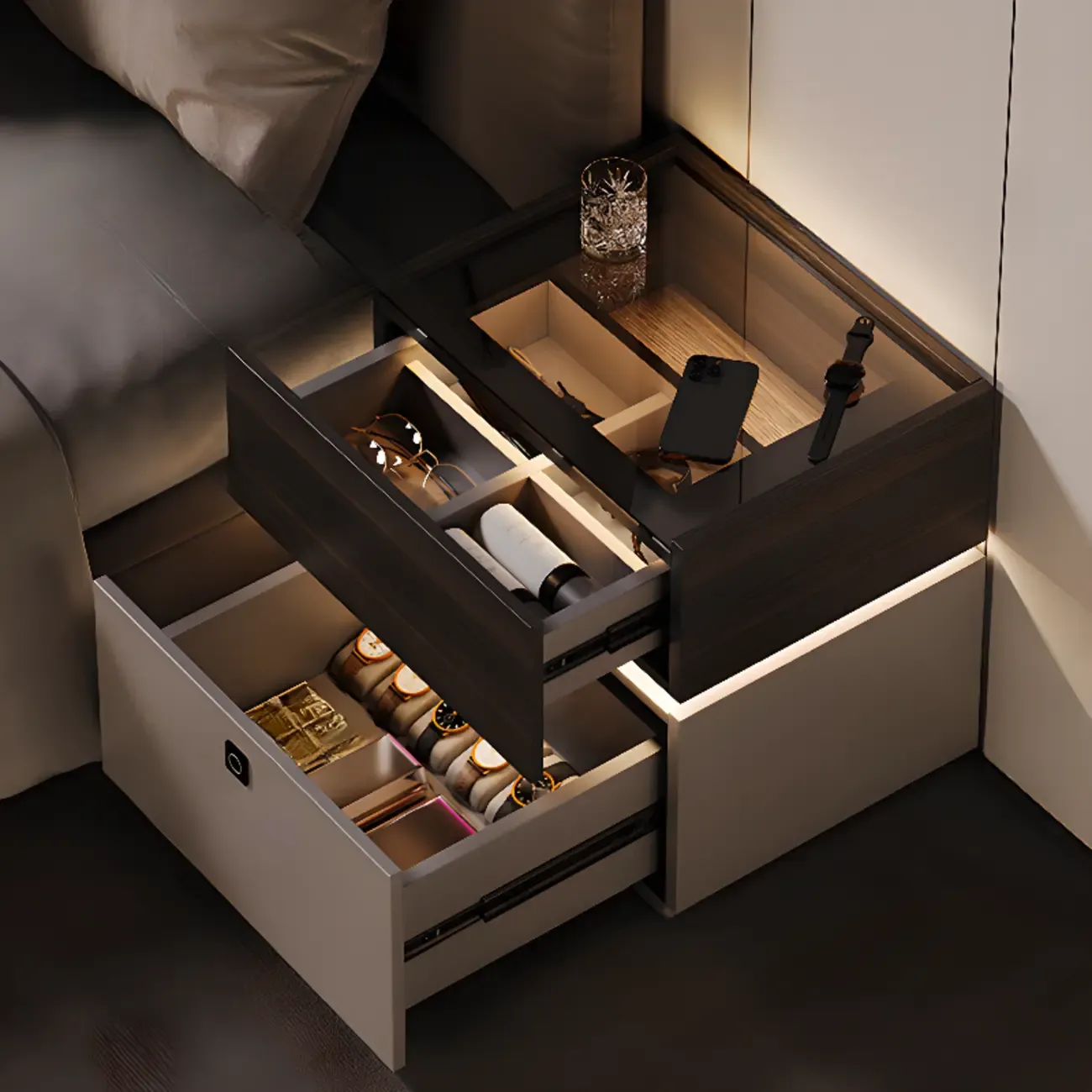 Narrow Black Glass Top 2-Drawer Wood Nightstand with Light