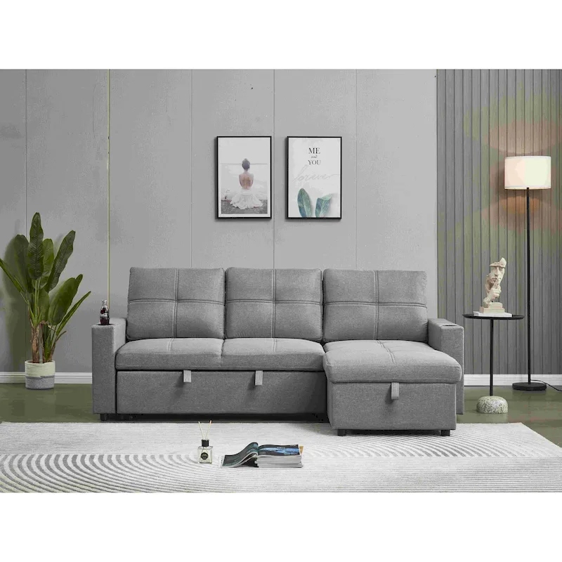 Linen Sectional Sofa Reversible Chaise with Pull out Sleeper