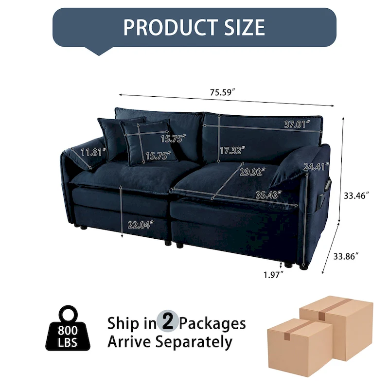 64 Oversized Chenille 2-Seater Sofa with DIY Combo & Storage Pockets