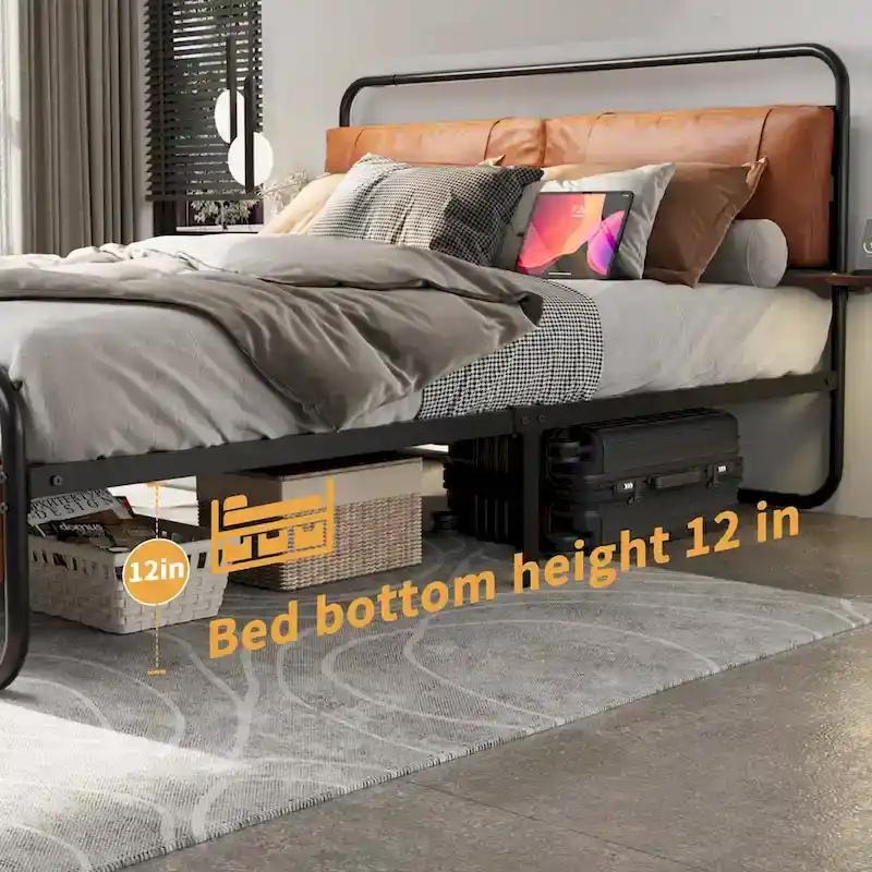 Metal Bed Frame with Upholstered Headboard, Wireless Charging and USB A & USB C & LED Light