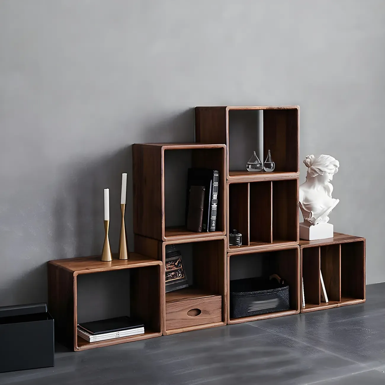 Mid-century Modern Brown Wood Cube Open Back Bookcase