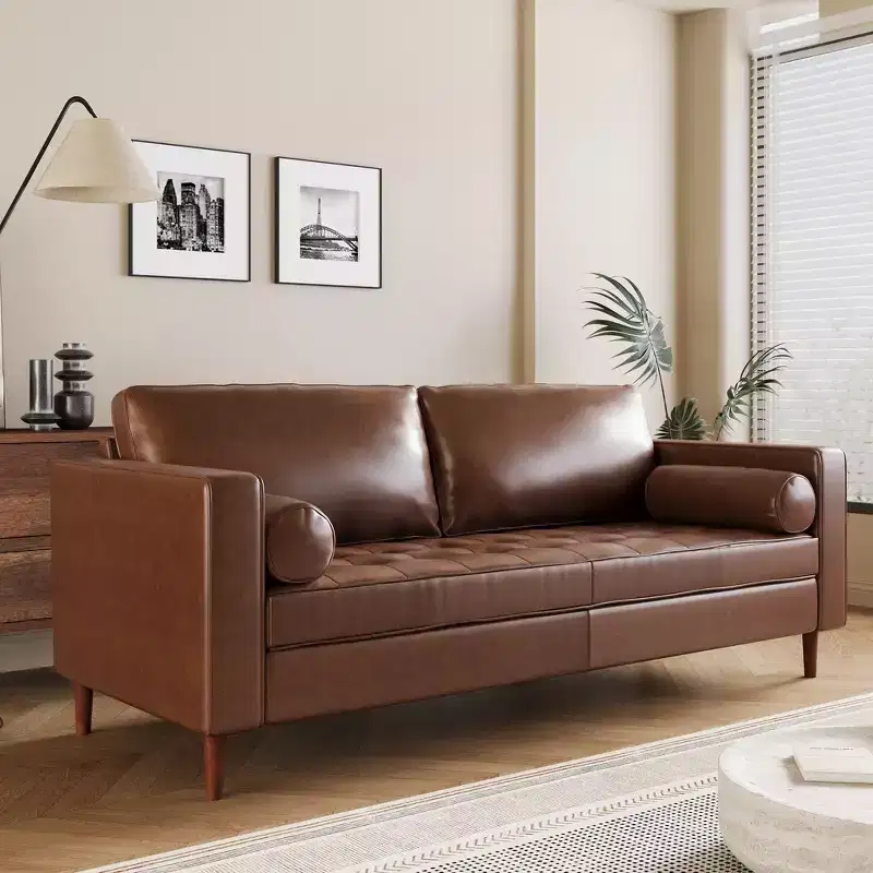Whisen PU Leather 3-Seat Sofa, Mid-Century Modern Sofa Couch with Tufted Design, Solid Wood Legs, 2 Bolster Pillows