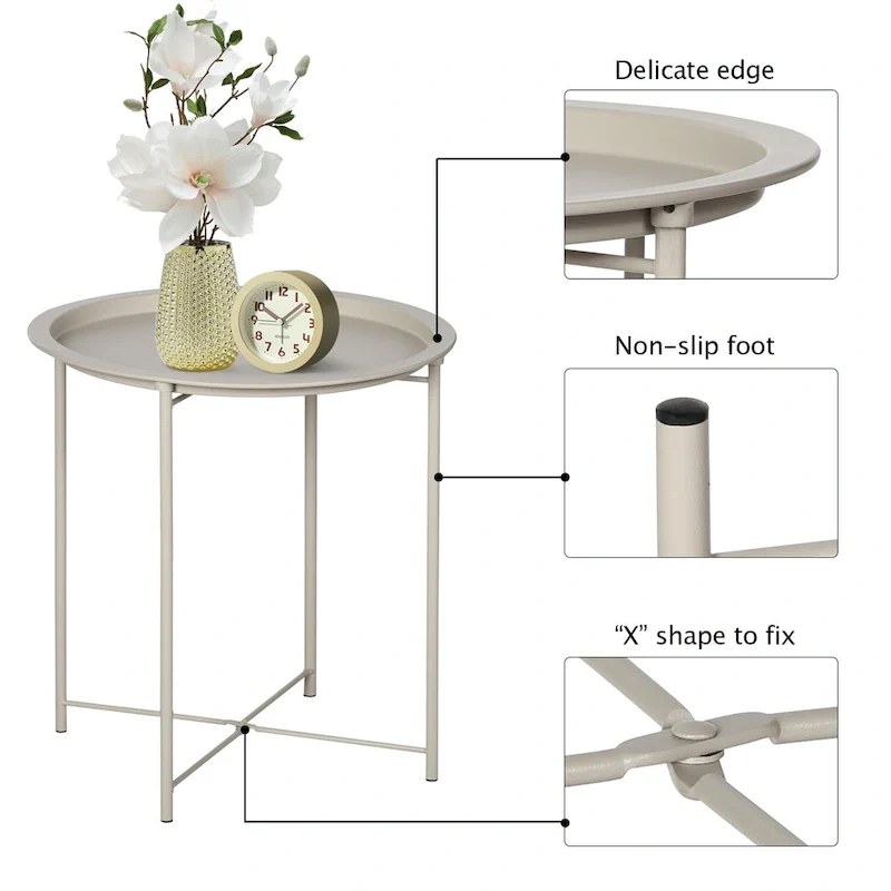 Modern Side Table with Round Removable Tray, Beige