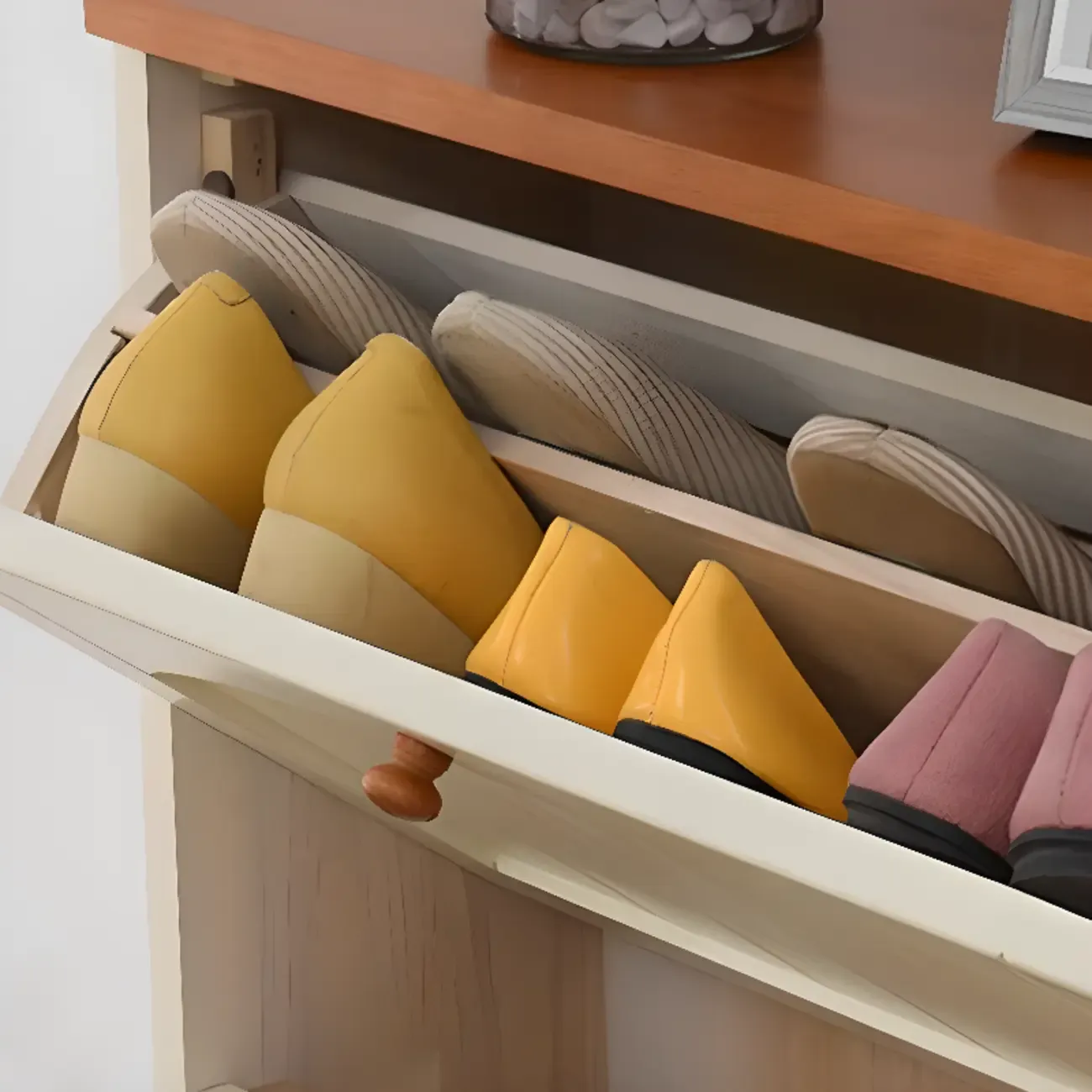 Entryway White/Tawny Wooden Wall-Mounted Shoe Cabinet