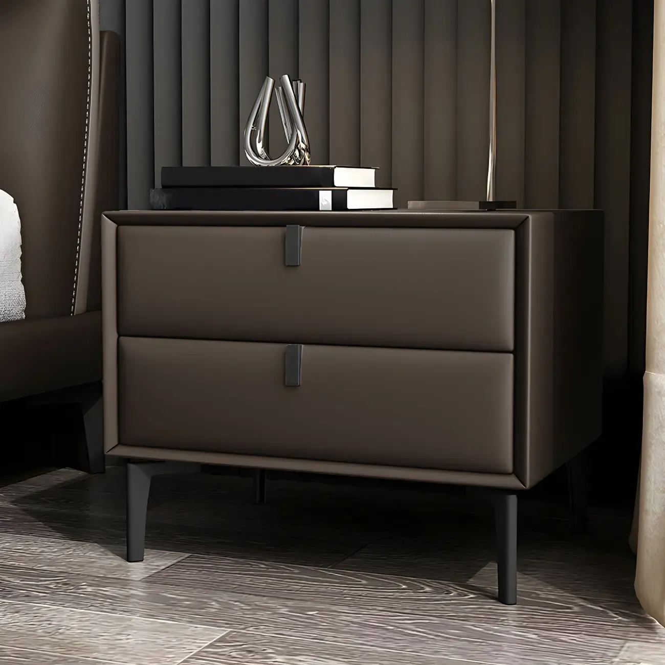 Modern Black Leather Bedside Table with Drawers