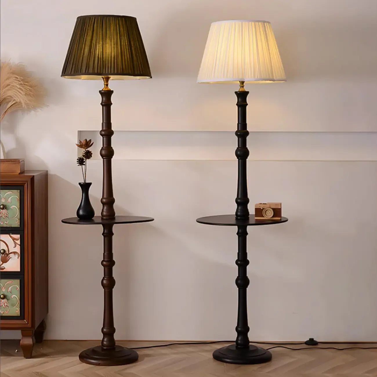 Elegant Wooden Floor Lamp with Shelf and Fabric Shade