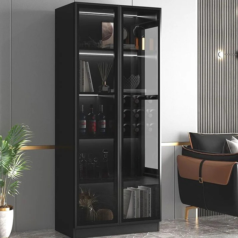 Large Modern Black Wood Wine Cabinet with Glass Doors