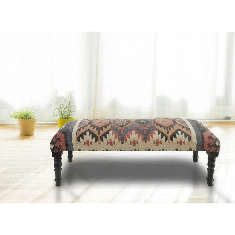 47 Beige Brown and Rust and Black Jute and Wool Blend Upholstered Southwest Distressed Bench - 47 x 18 x 16