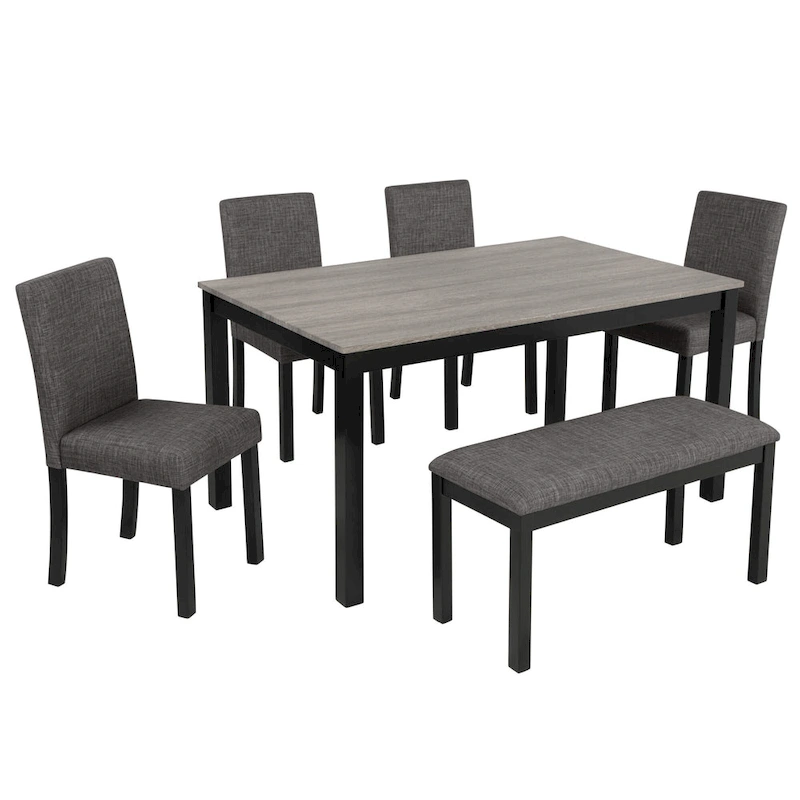 6 Piece Dining Table Set, Wooden Dining Table Set with Rectangular Dining Table, Bench and 4 Upholstered Chairs