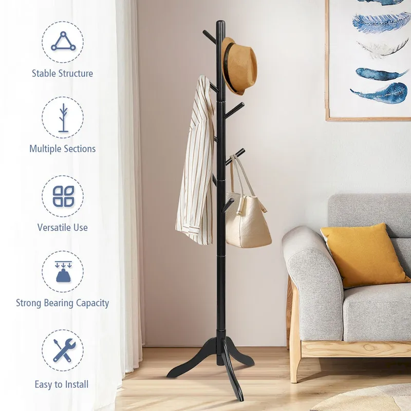 Wooden Coat Rack Stand Hall Tree 2 Adjustable Height w/ 8 Hooks