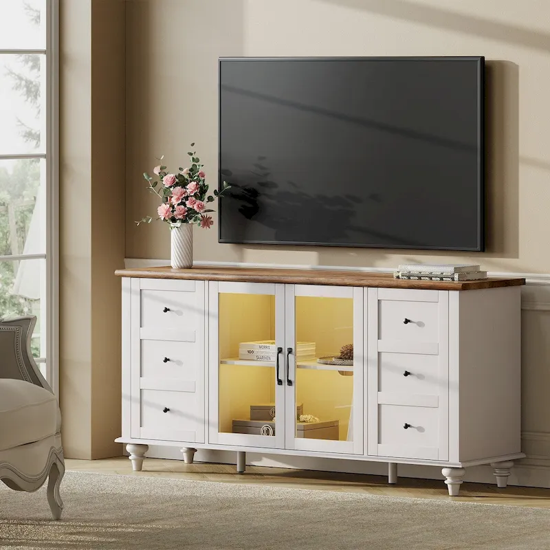 WAMPAT Farmhouse Sliding Barn Door TV Stands Storage Cabinets Entertainment Stand for TVs Up to 65