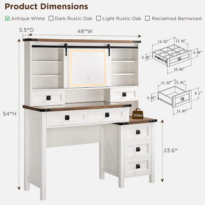 Farmhouse Makeup Vanity Desk with Mirror & Lights, Rustic Vanity Table