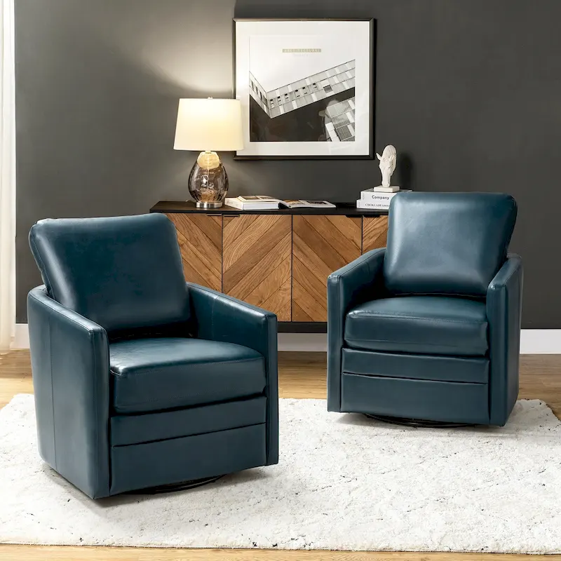 Terrance Transitional Swivel Faux Leather Barrel Chair with Metal Base Set of 2