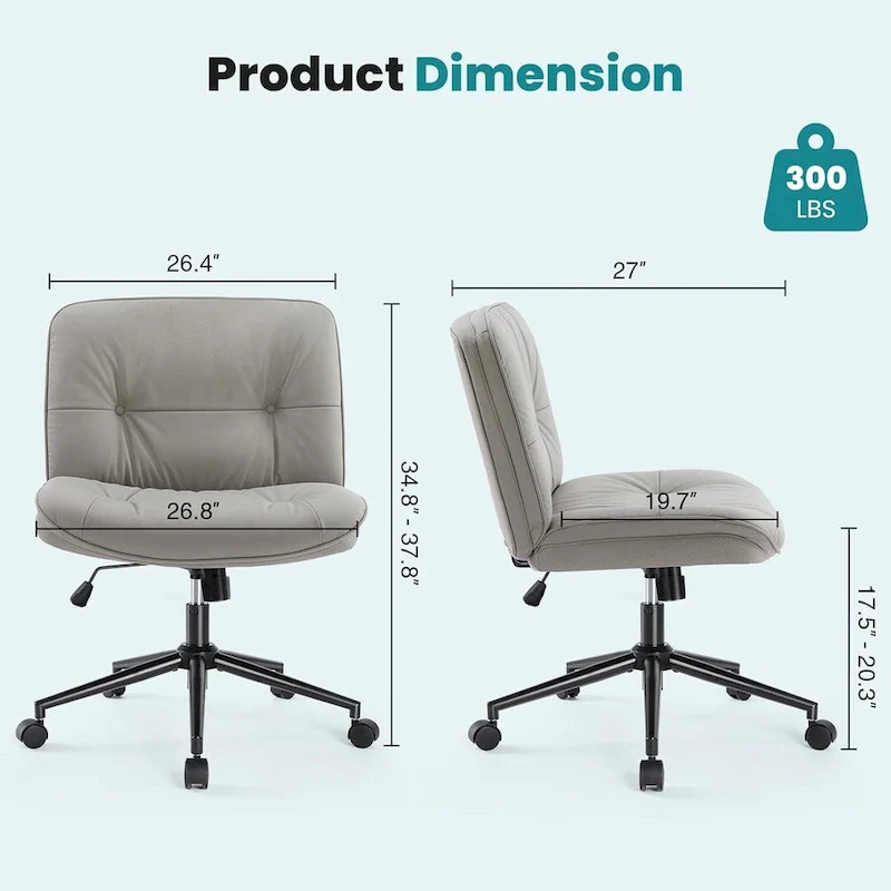 Khaki / Beige / Black PU Leather Armless Desk Chair with Wheels, 360° Swivel, Single Seat