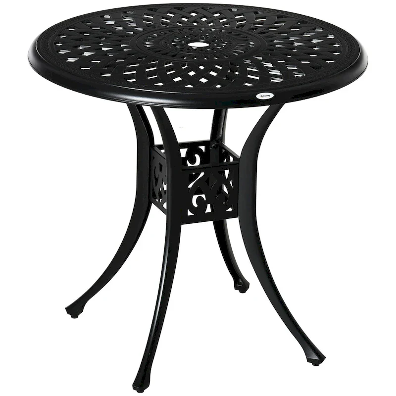 30  Round Patio Dining Table with Umbrella Hole, Antique Cast Aluminum Outdoor Bistro Table Only, Black