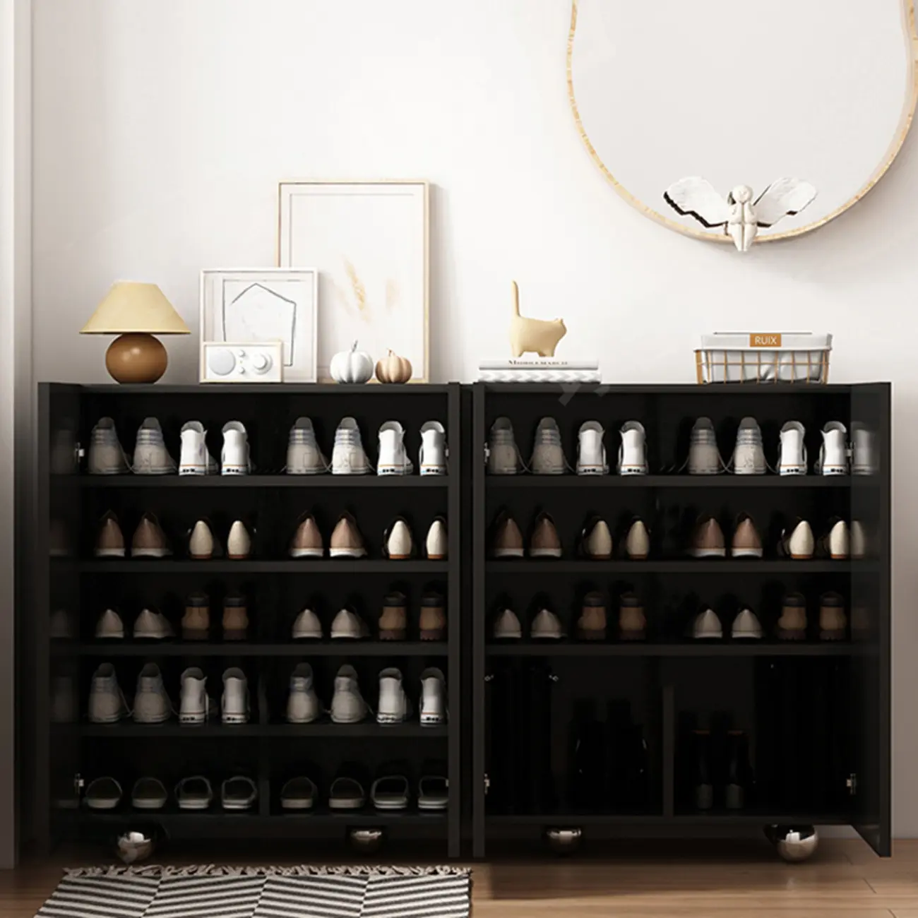 Hallway Black Engineered Wood Shoe Cabinet on Wheels