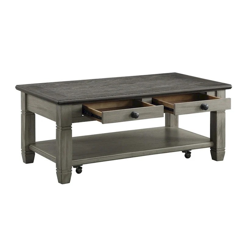 Rome 48 Inch Cocktail Table, 2 Drawers, Casters, Brown and Gray Solid Wood