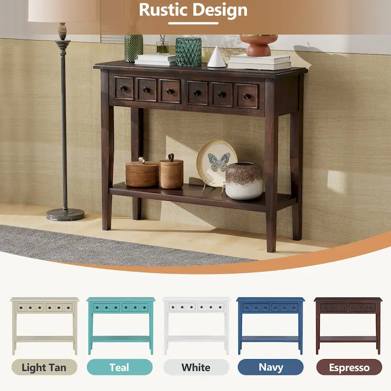 38.2 Rustic Console Table with Open Shelf and Three Drawers, Rubber Wood Legs