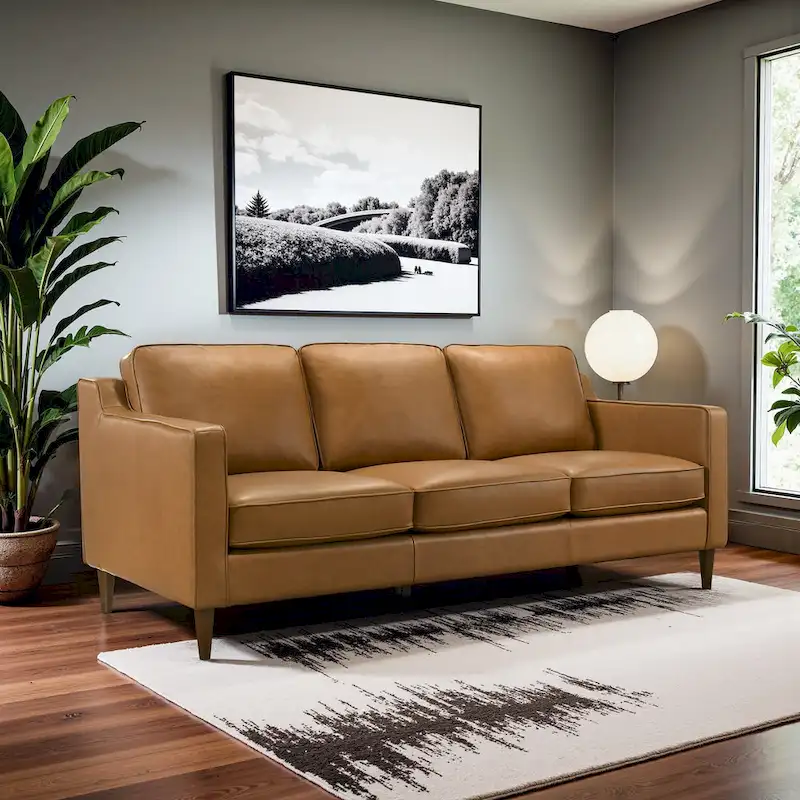 Madeline Mid Century Modern Furniture Genuine Leather Couches in Cognac Tan