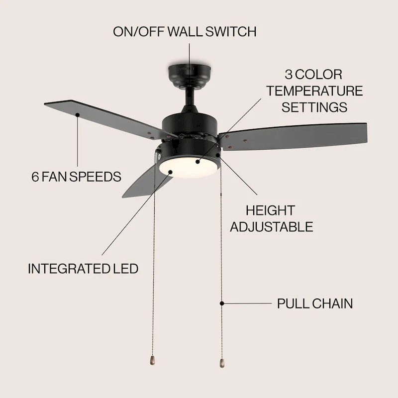 Chloe 42  1-Light Modern 3-Speed Iron Height Adjustable Integrated LED Ceiling Fan with Pull Chains, Black, by JONATHAN Y