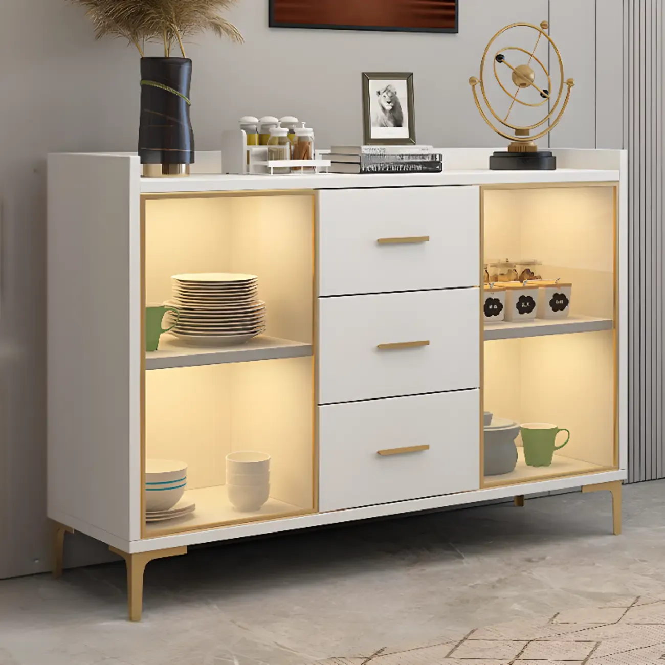 Trendy 6 Drawers White/Black Kitchen Cabinets with Metal Foot