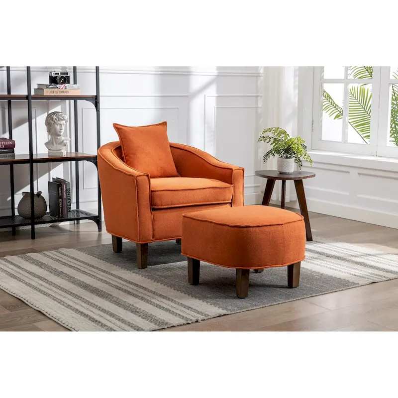 Linen/Polyester Upholstered Mid Century Barrel Chair with Ottoman