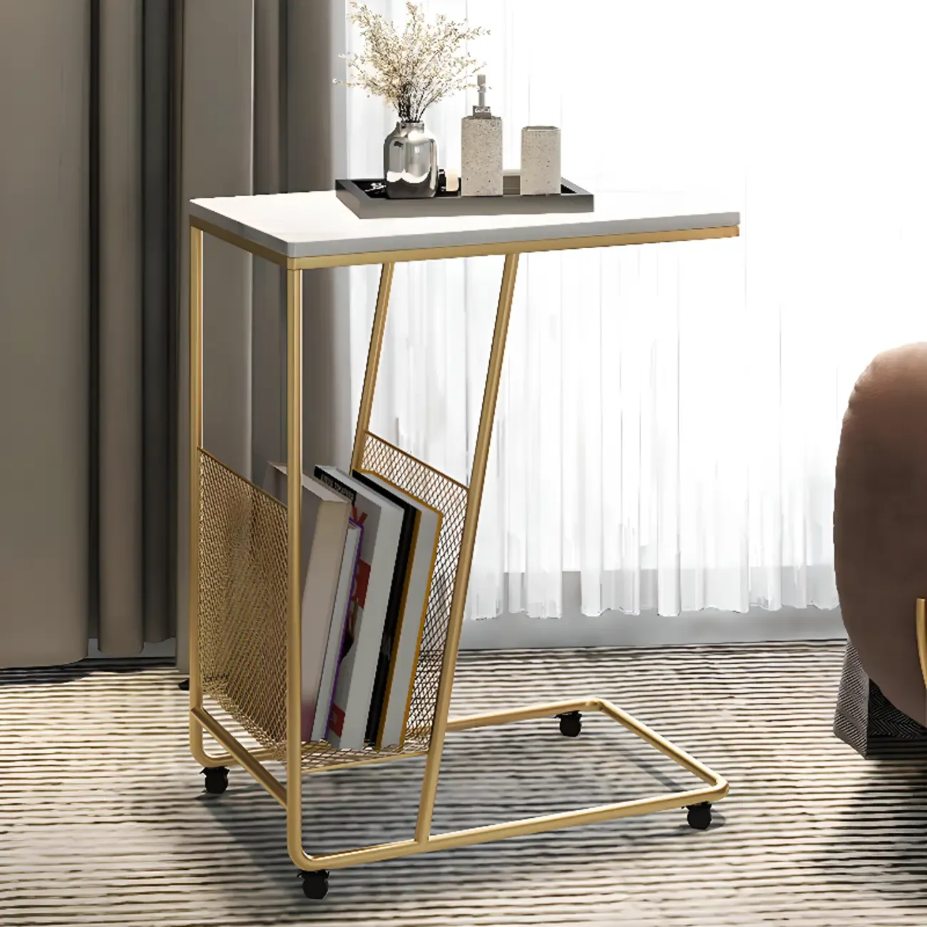 Metal C-Shaped Marble Top End Table with Magazine Rack