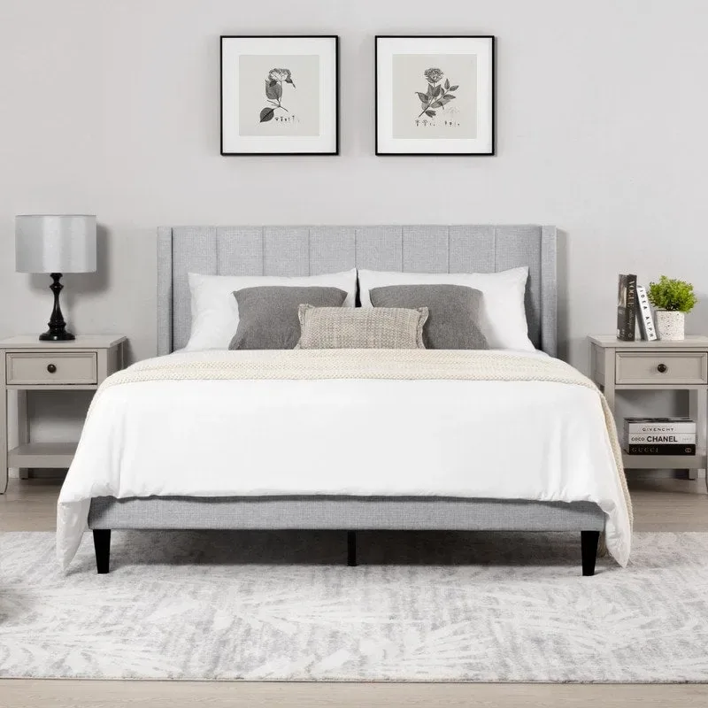 Upholstered Wingback Platform Bed with Channel-Tufted Headboard