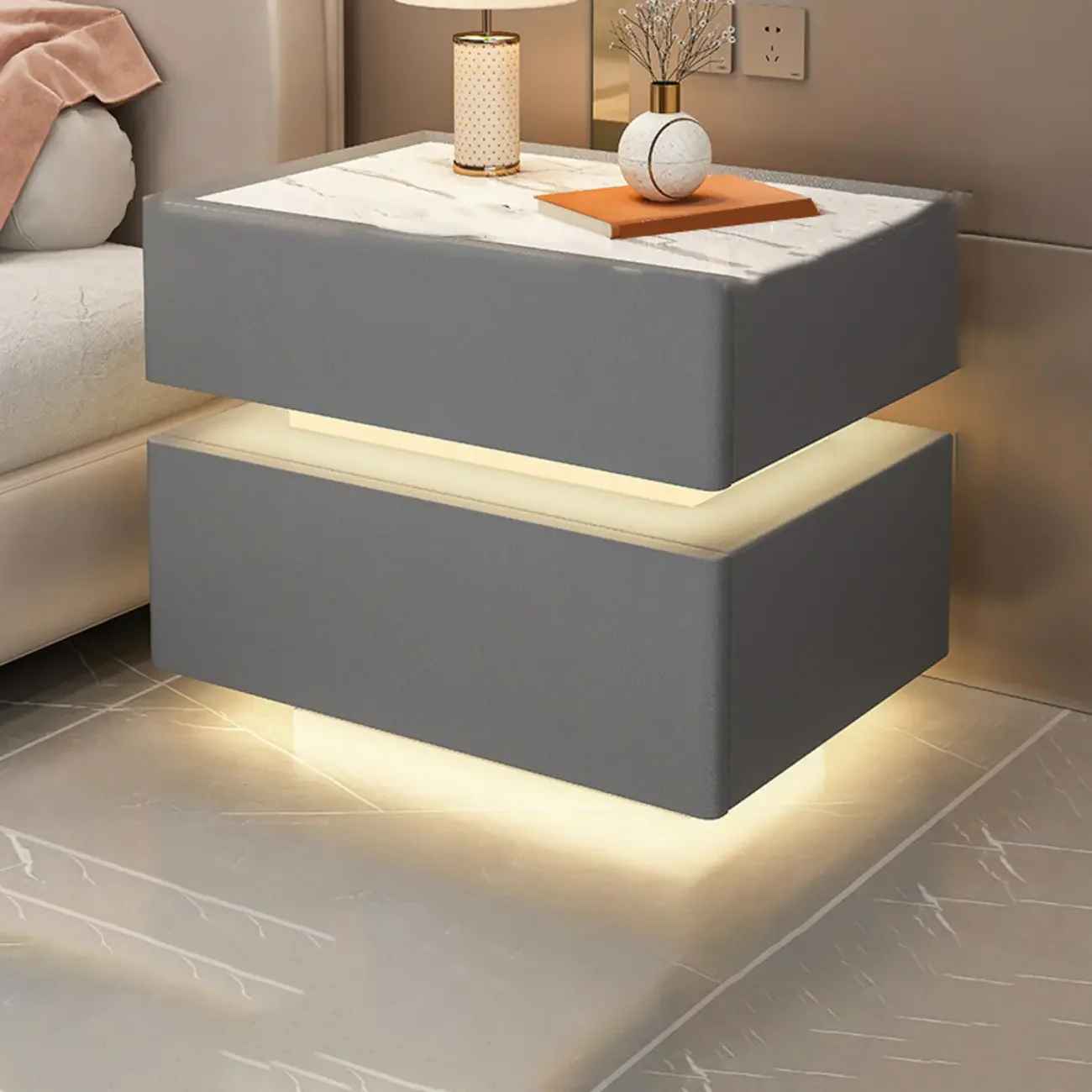 LED 2-Tier White Wooden Floating Nightstand with Drawer