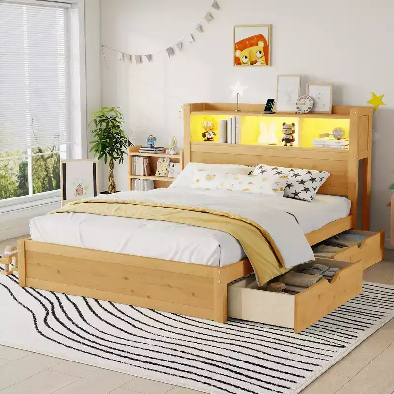 Modern Wood Platform Bed with Storage Drawers & LED Headboard, Natural/White, Twin/Full, 1-Person