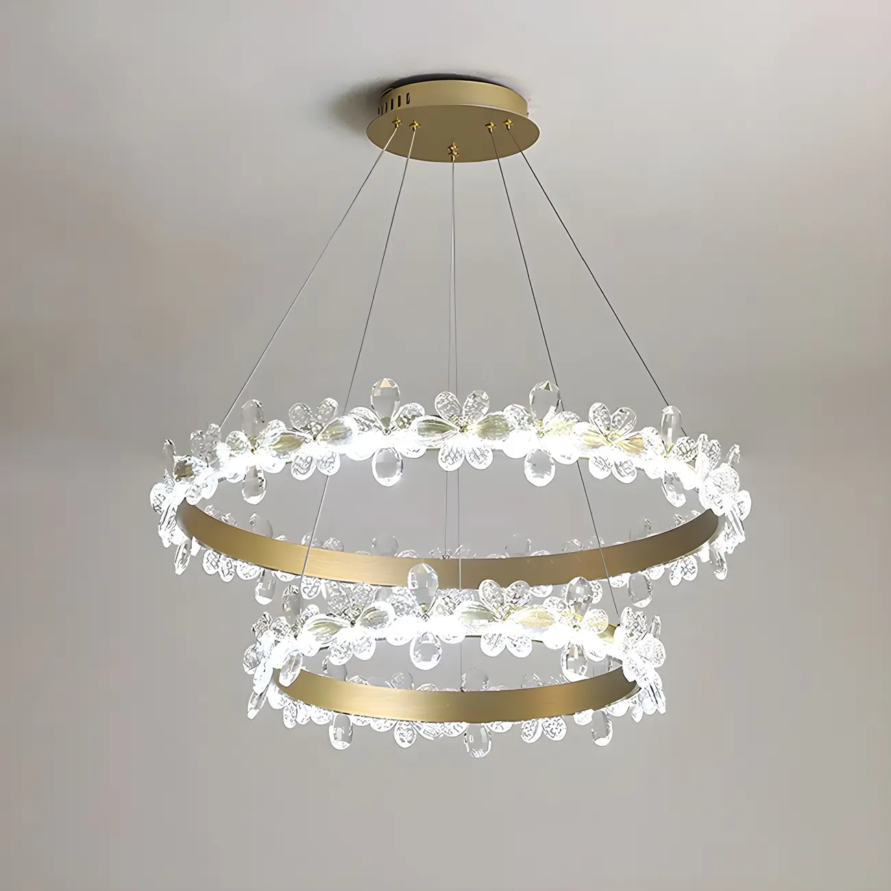 Modern Gold Dimmable LED Flower Crystal Ring Chandelier