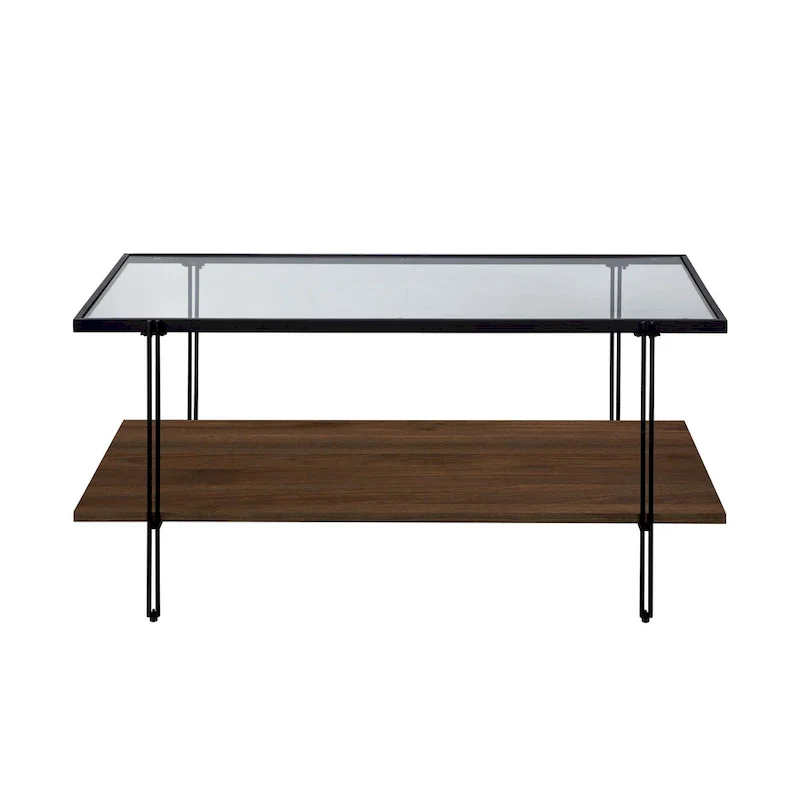 Mid-Century Coffee Table with Glass Top and Oak Shelf