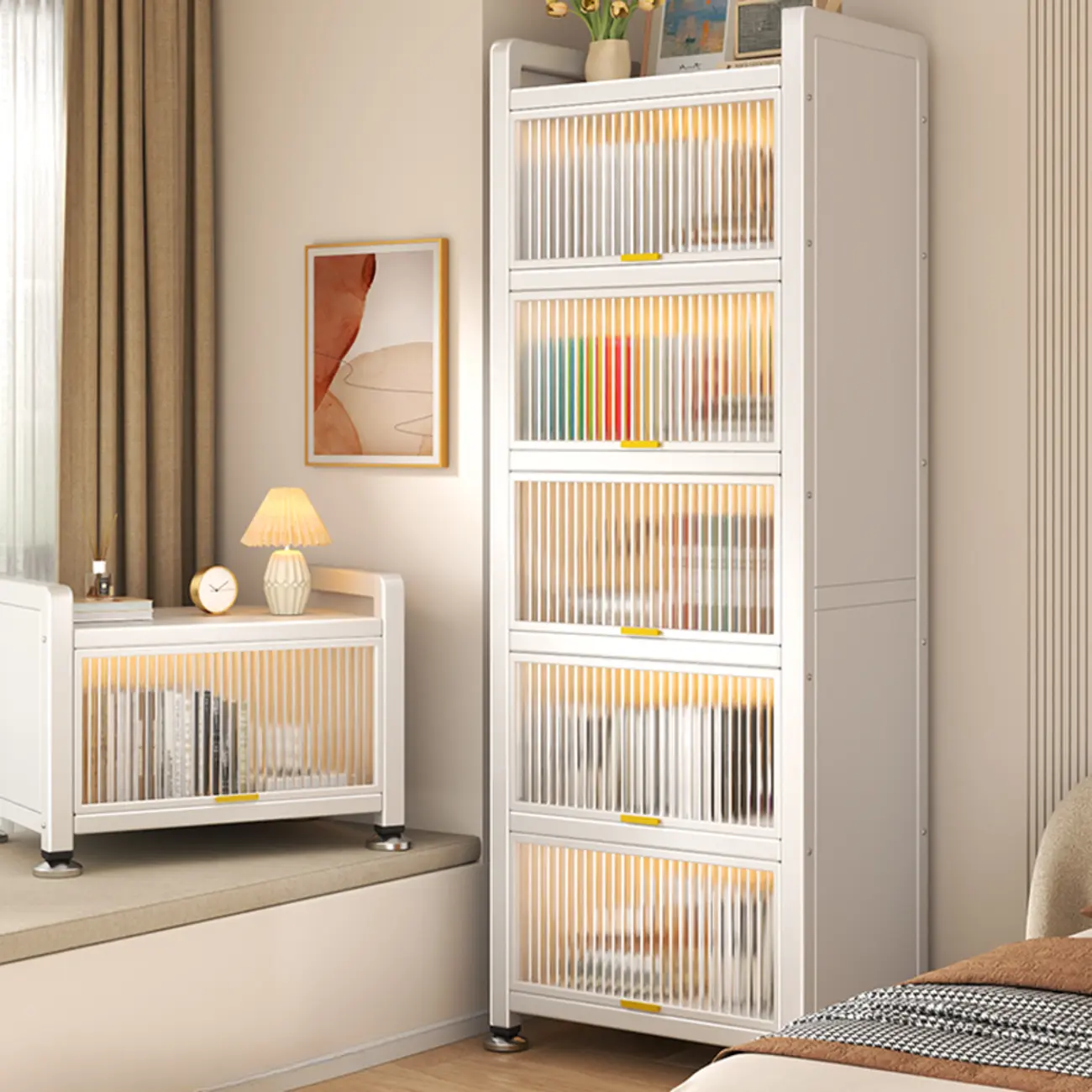 Flip-up Cover Modern Closed Back Metal 5-Shelf Bookcase