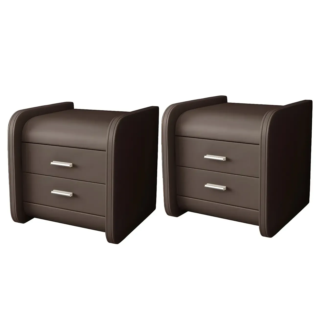 Modern Round Edge Nightstand with 2 Drawers in Beige Leather