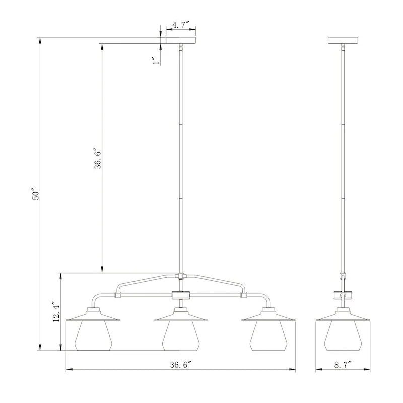 Temet Matte Black Linear 3-Lamp Chandelier with Hooded Glass Shades