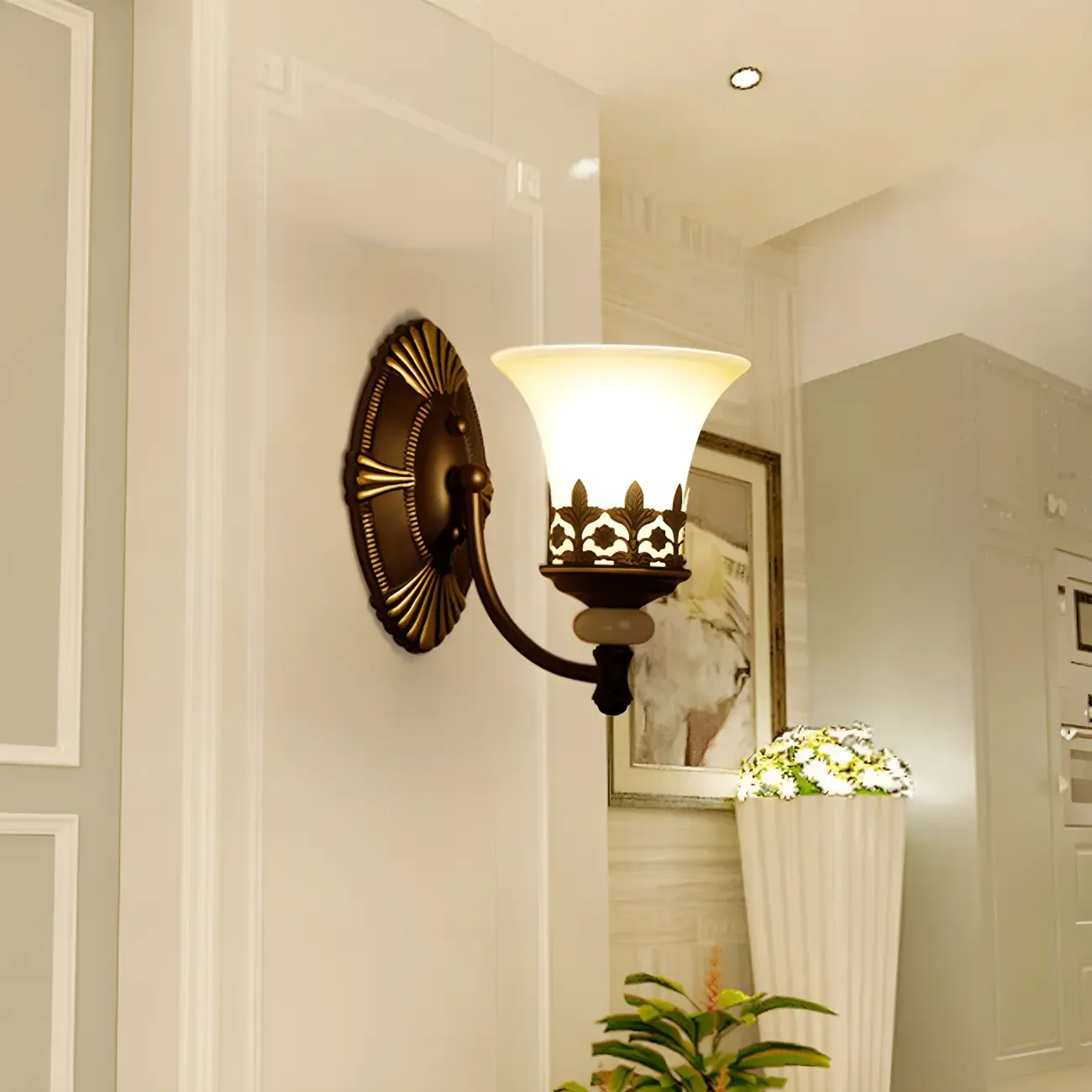 Dark Brown Metal Filigree Retro Flared Glass Wall Sconce