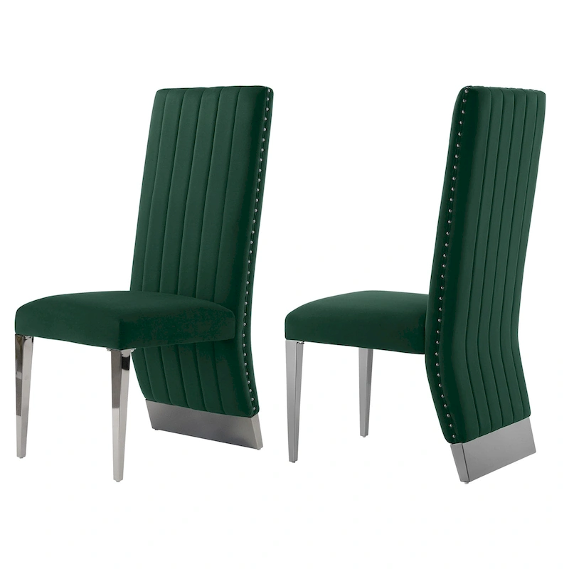 Modern Channel High Back Dining Chairs with Nailhead Trims and Polished Metal Legs
