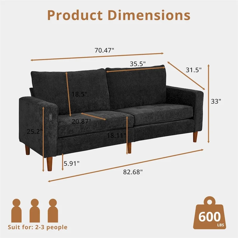 82.6 Inch Modern Living Room Chenille Recliner Sofa, loveseat Sofa,Removable Sofa Cover with USB, Easy to Instal