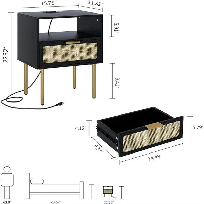 Nightstand with Charging Station - 11.81D x 15.75W x 22.05H