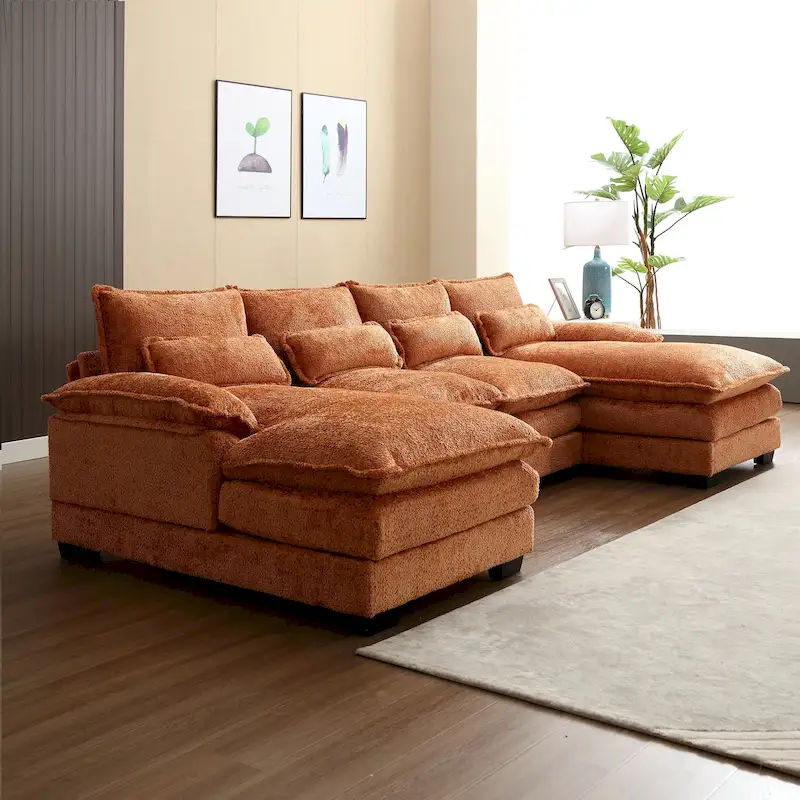 Chenille Upholstered U-Shaped Living Room Sectional Sofa With Wooden Legs