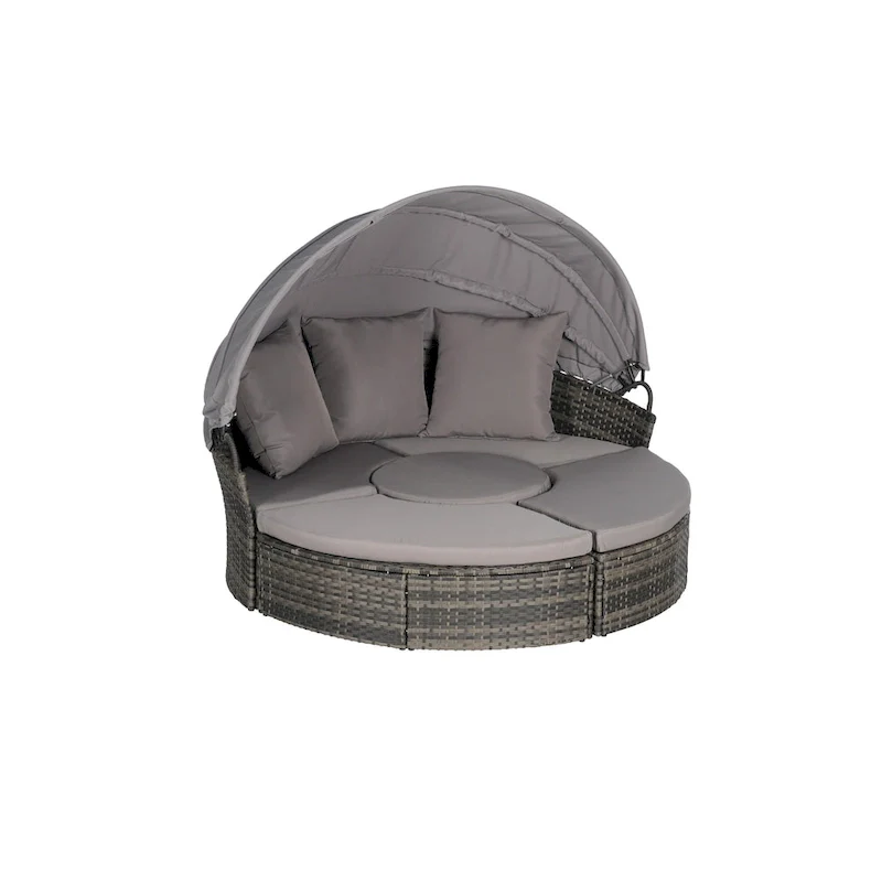5-Piece Round Daybed Sunbed with Canopy & Removable Cushions
