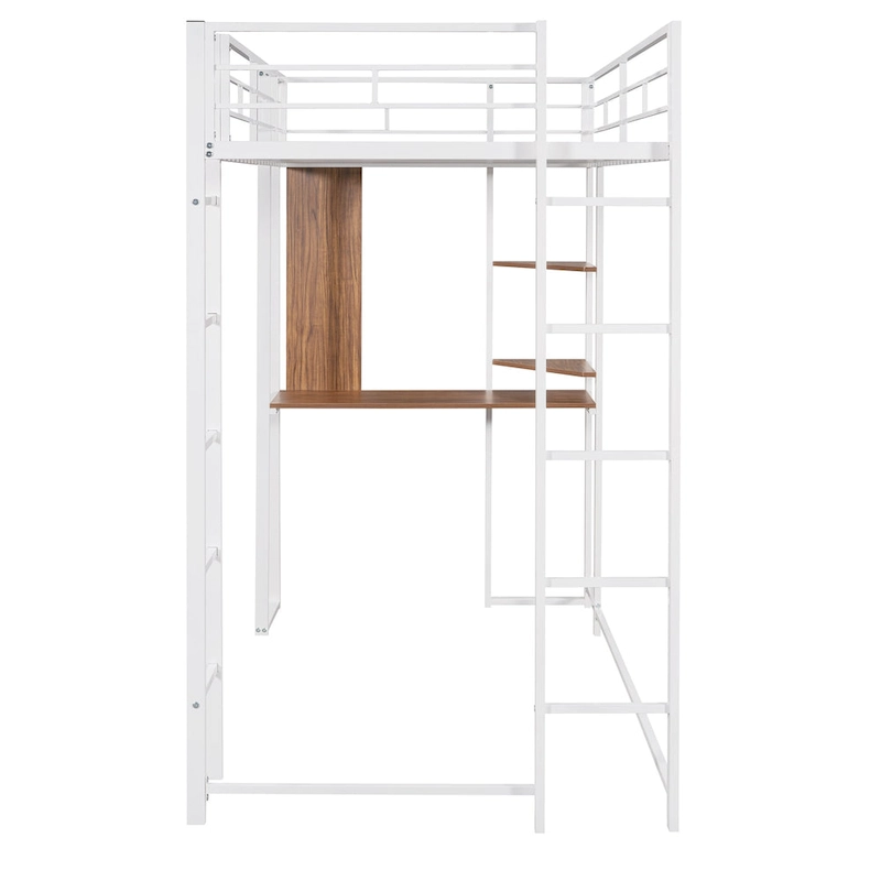 White Twin Metal Loft Bed with Ladder, Fence & Desk