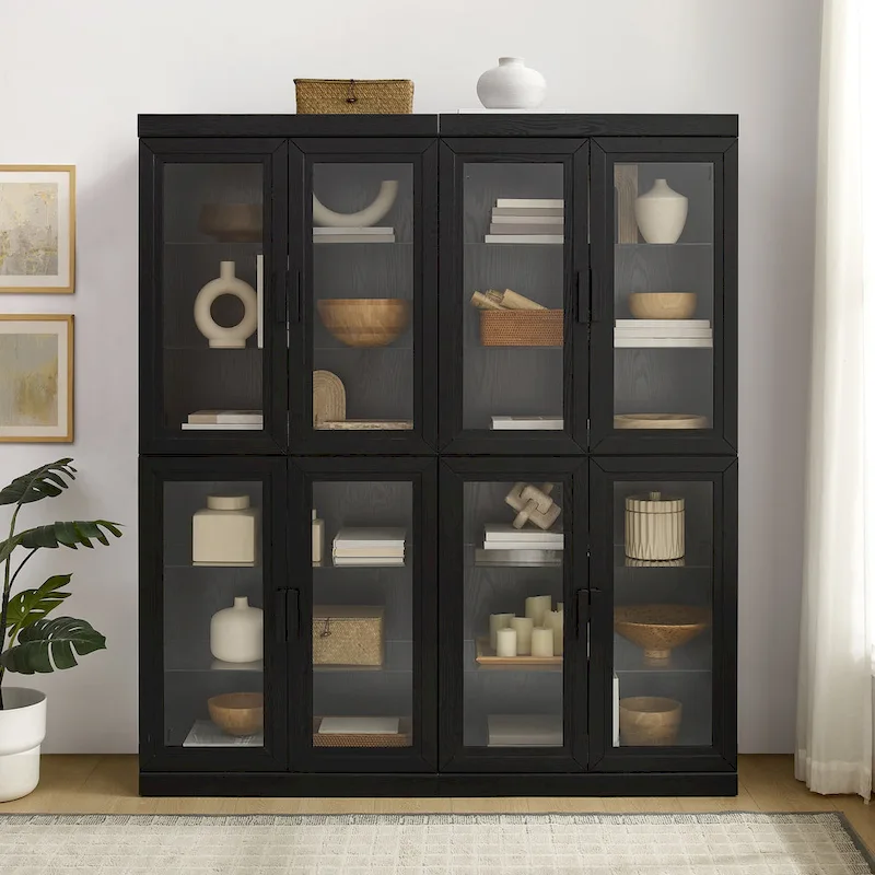 2Pc Glass Door Kitchen Pantry Storage Cabinet Set